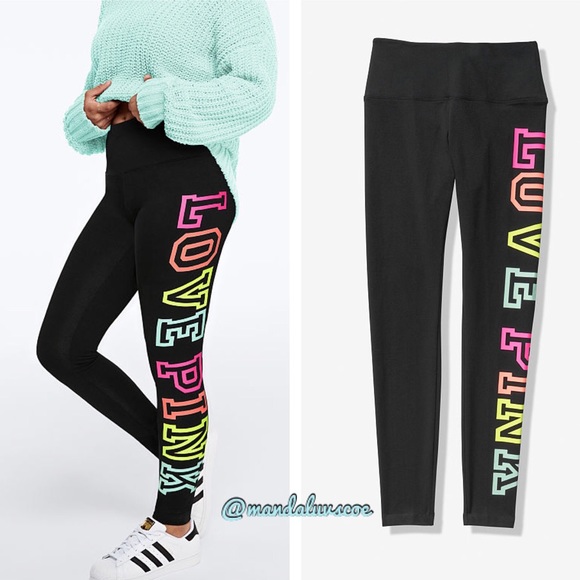 PINK Victoria's Secret Pants - ❗️LAST💕VS PINK BLACK PASTEL RAINBOW LOGO LEGGINGS